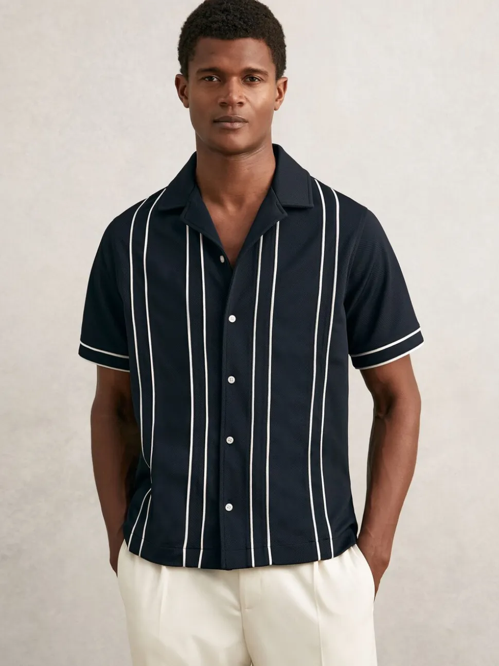 Reiss Navy/White Sander Piped-Stripe Cuban-Collar Shirt
