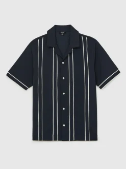 Reiss Navy/White Sander Piped-Stripe Cuban-Collar Shirt