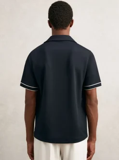 Reiss Navy/White Sander Piped-Stripe Cuban-Collar Shirt