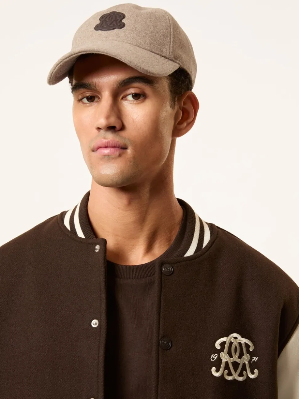 Reiss Oatmeal Brown Abel Monogram Appliqué Wool-Blend Cap