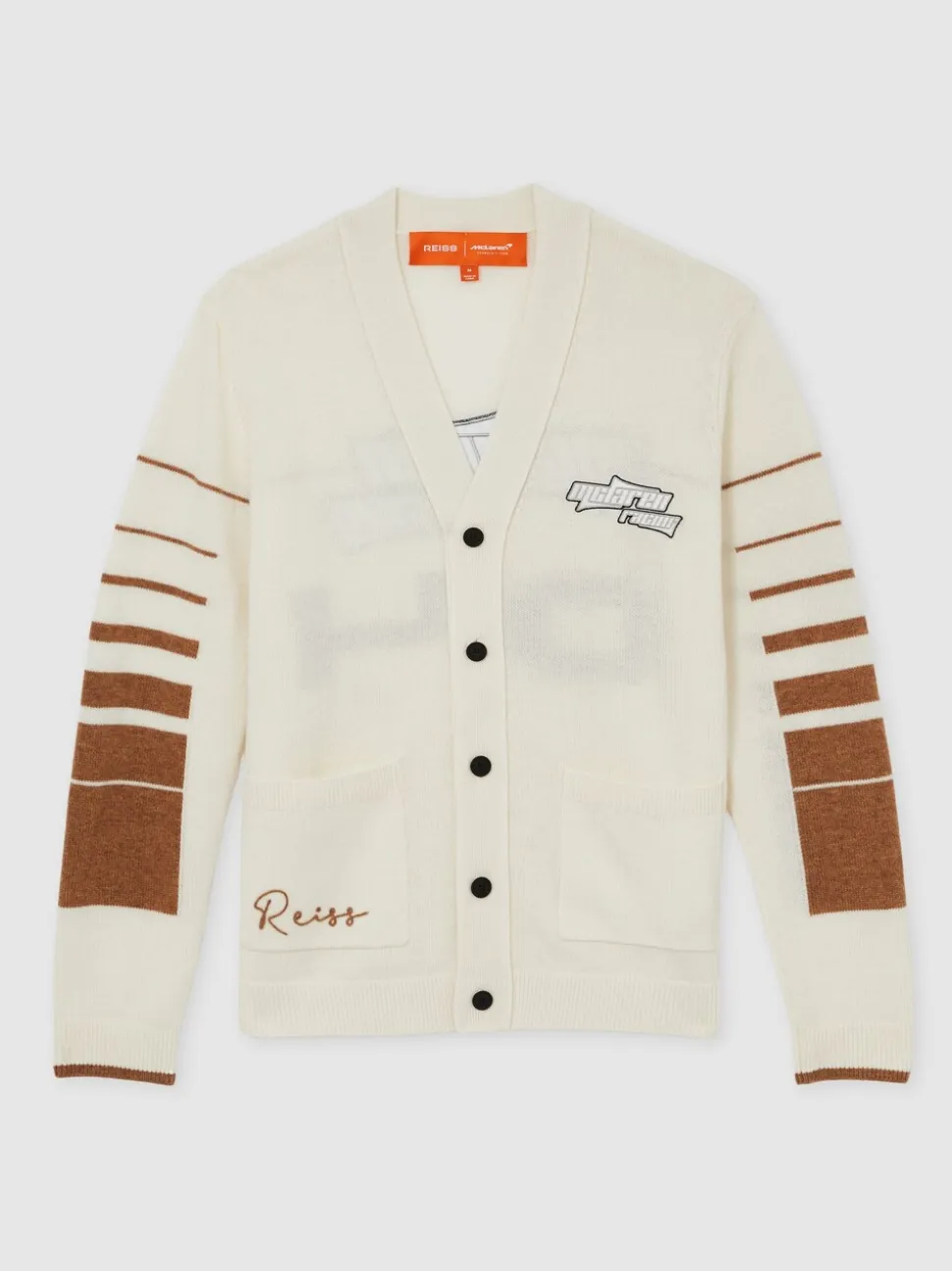 Reiss Off White/Camel Boom McLaren F1 Team Varsity Wool-Cashmere Cardigan