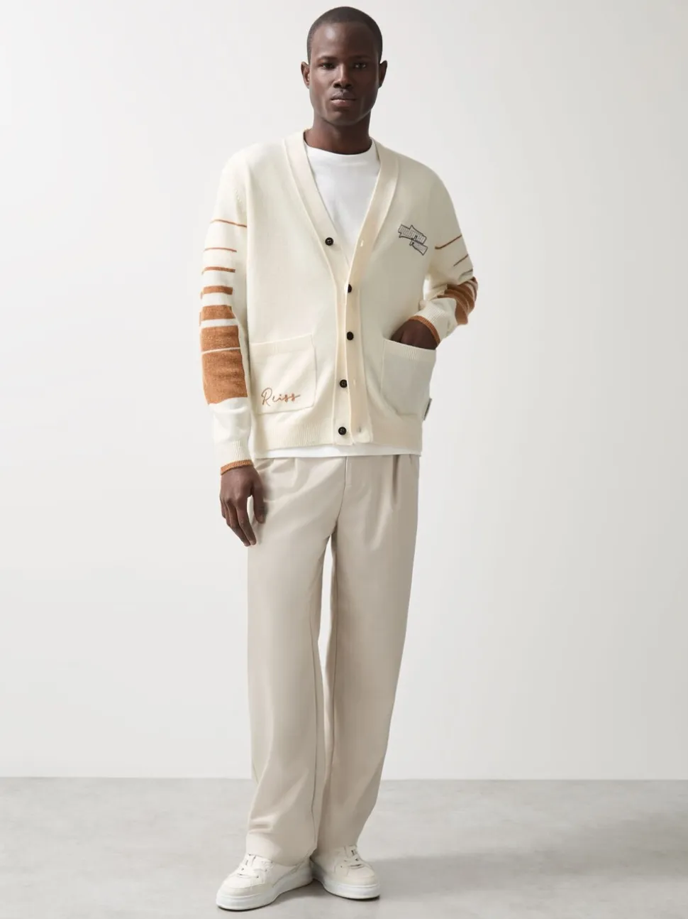 Reiss Off White/Camel Boom McLaren F1 Team Varsity Wool-Cashmere Cardigan