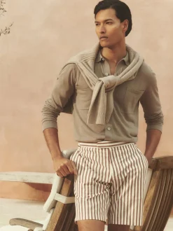 Reiss Off White/Mocha Roas Cotton Blend Seersucker Stripe Shorts