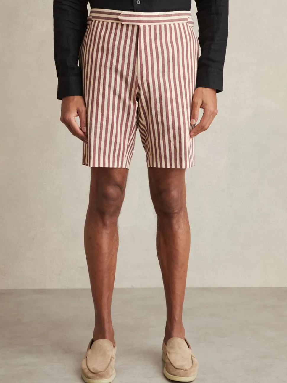 Reiss Off White/Mocha Roas Cotton Blend Seersucker Stripe Shorts