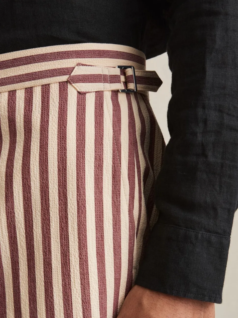 Reiss Off White/Mocha Roas Cotton Blend Seersucker Stripe Shorts