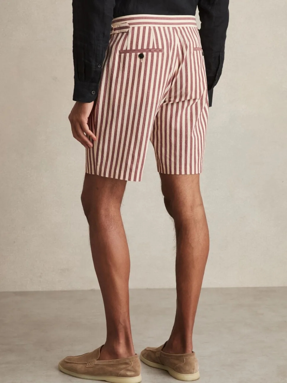 Reiss Off White/Mocha Roas Cotton Blend Seersucker Stripe Shorts