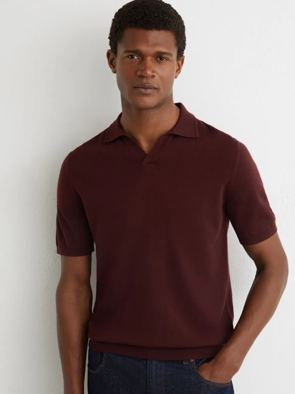 Reiss Port Red Duchie Merino Wool Open-Collar Polo Shirt