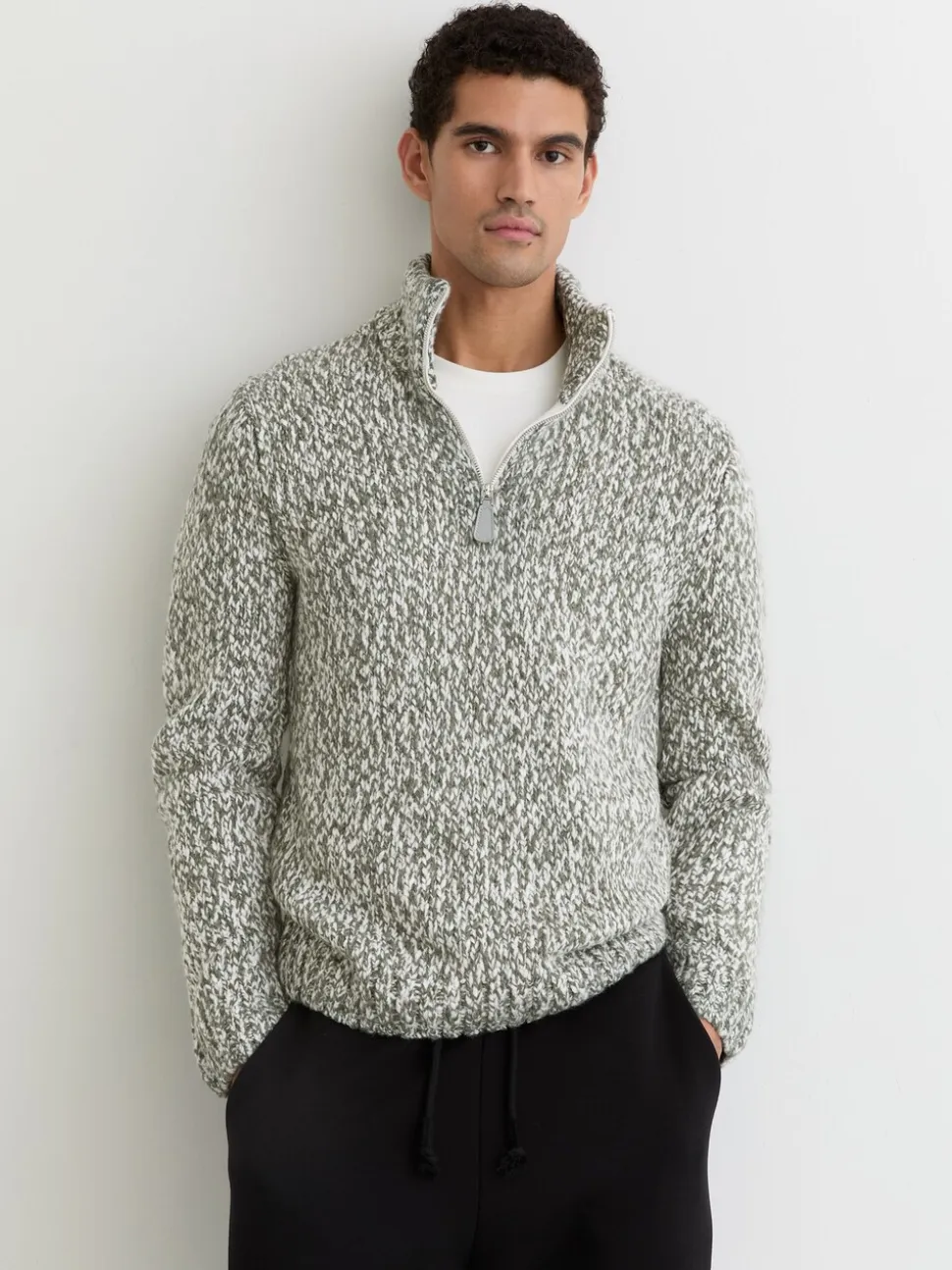 Reiss Sage Green Melange Seb Marled Half-Zip Knitted Jumper with Wool