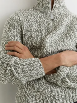 Reiss Sage Green Melange Seb Marled Half-Zip Knitted Jumper with Wool
