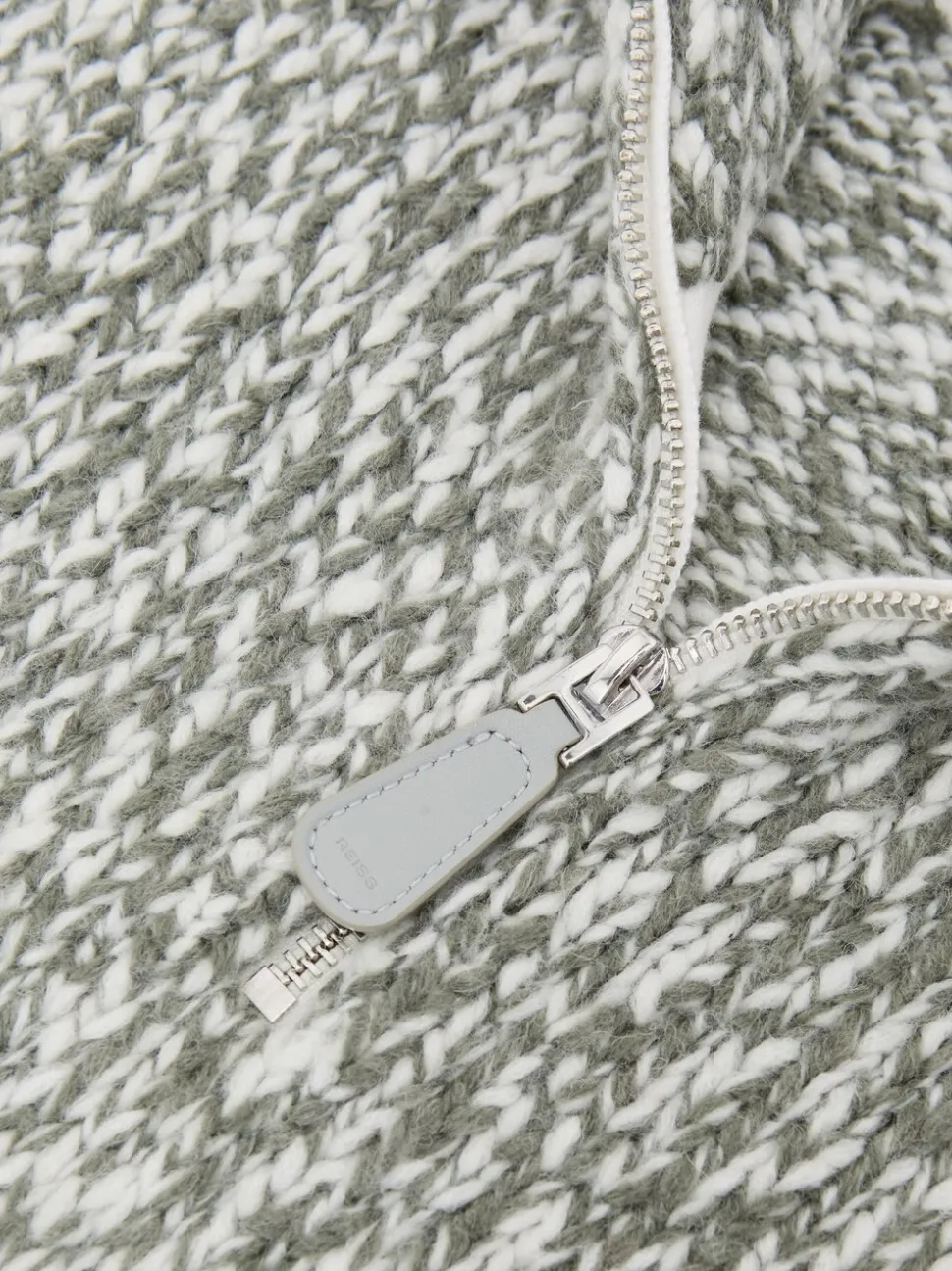 Reiss Sage Green Melange Seb Marled Half-Zip Knitted Jumper with Wool