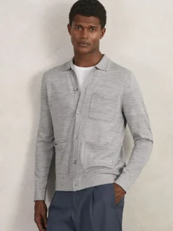 Reiss Soft Grey Mouline Munich Merino Wool Button-Through Shirt