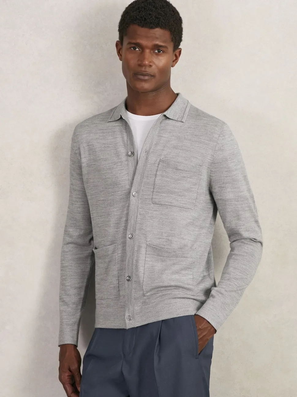 Reiss Soft Grey Mouline Munich Merino Wool Button-Through Shirt