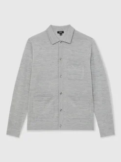 Reiss Soft Grey Mouline Munich Merino Wool Button-Through Shirt