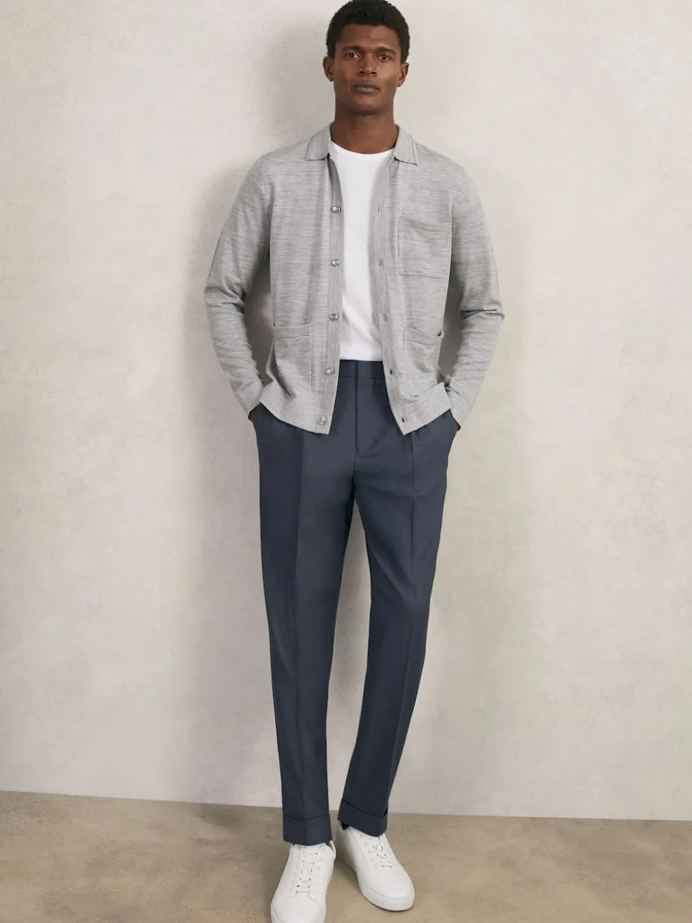 Reiss Soft Grey Mouline Munich Merino Wool Button-Through Shirt