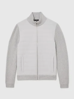 Reiss Soft Grey Townsend Quilted Rib-Knit Funnel-Neck Jacket
