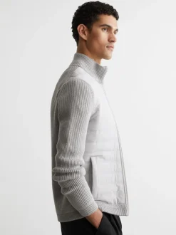 Reiss Soft Grey Townsend Quilted Rib-Knit Funnel-Neck Jacket
