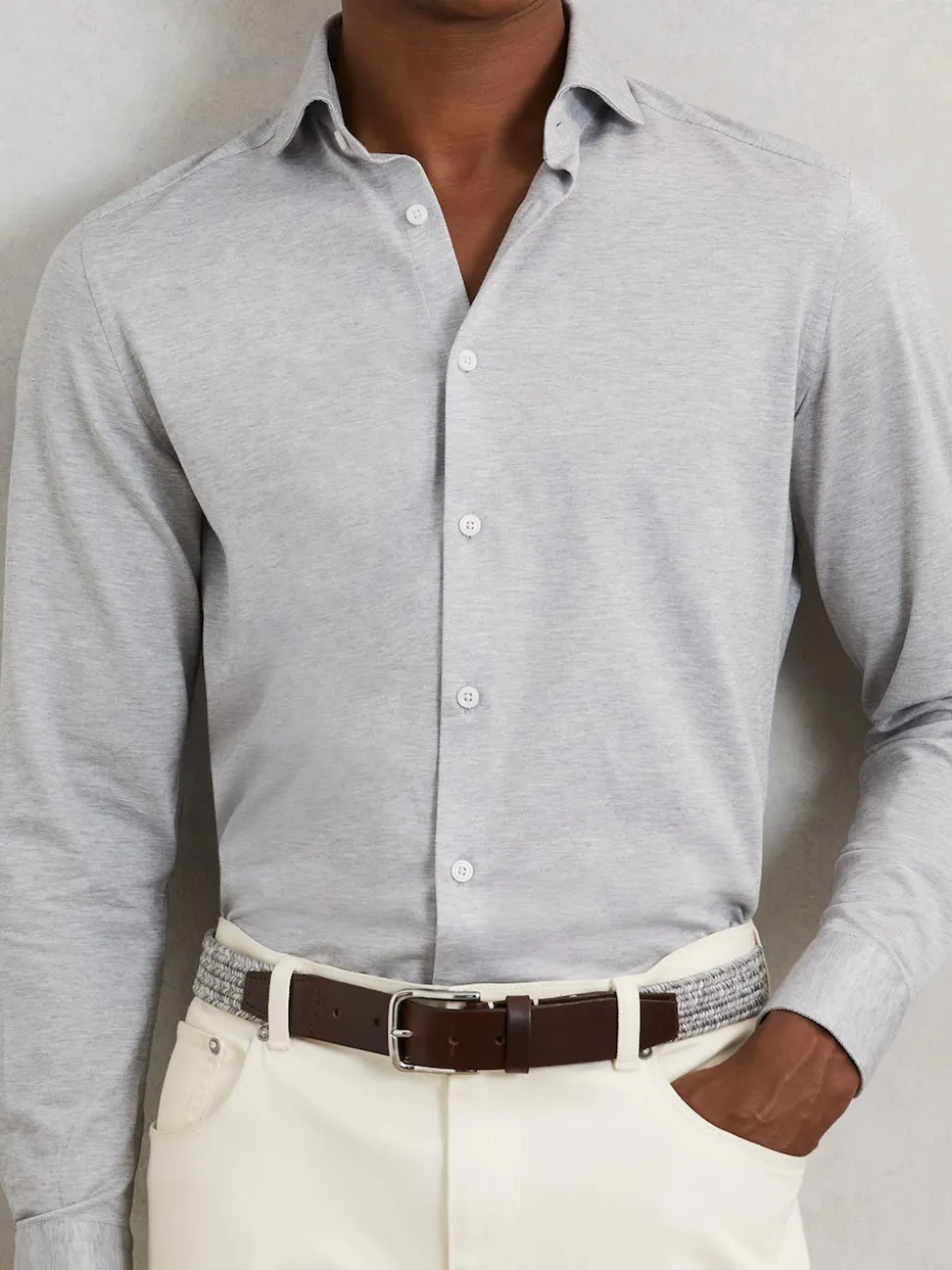 Reiss Soft Grey Welling Webbing Belt With Leather Trim