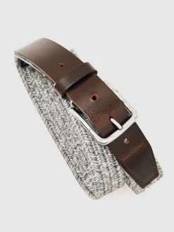 Reiss Soft Grey Welling Webbing Belt With Leather Trim