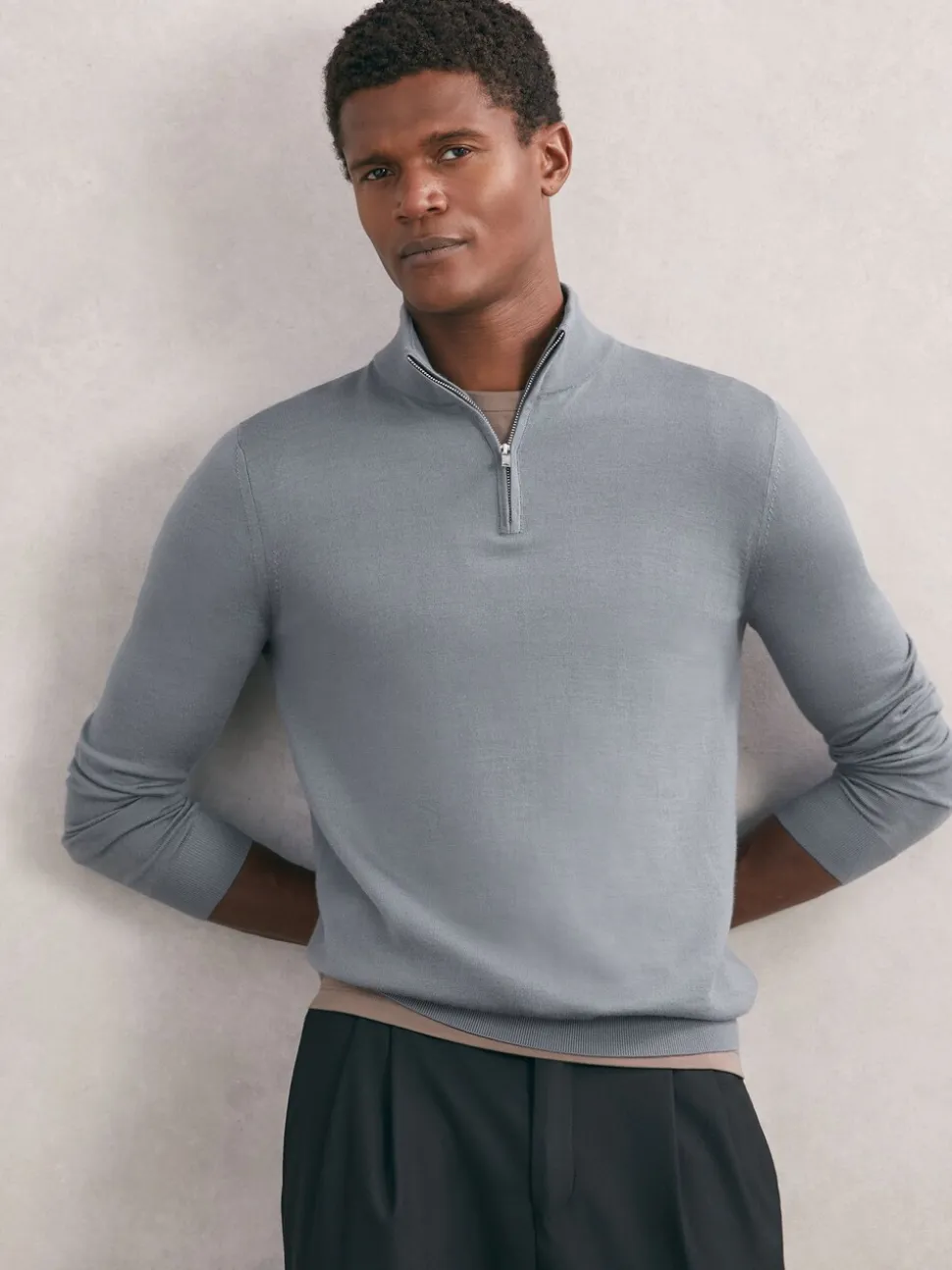 Reiss Steel Blue Blackhall Merino Wool Half-Zip Funnel Neck Jumper