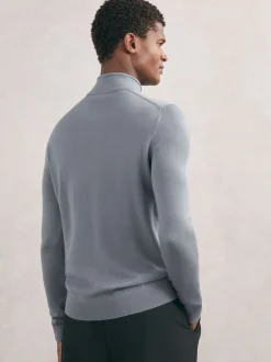 Reiss Steel Blue Blackhall Merino Wool Half-Zip Funnel Neck Jumper