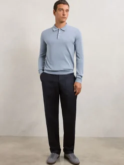 Reiss Steel Blue Trafford Merino Wool Long-Sleeve Polo Shirt