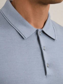 Reiss Steel Blue Trafford Merino Wool Long-Sleeve Polo Shirt