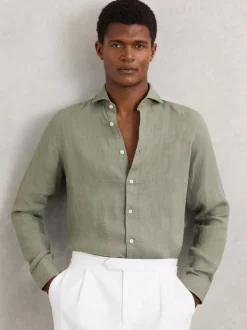 Reiss Thyme Green Ruban Linen Cutaway-Collar Regular-Fit Shirt