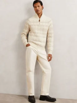 Reiss Winter White/Oatmeal Claus Wool-Blend Fair Isle Half-Zip Jumper