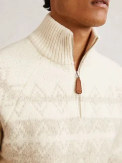 Reiss Winter White/Oatmeal Claus Wool-Blend Fair Isle Half-Zip Jumper