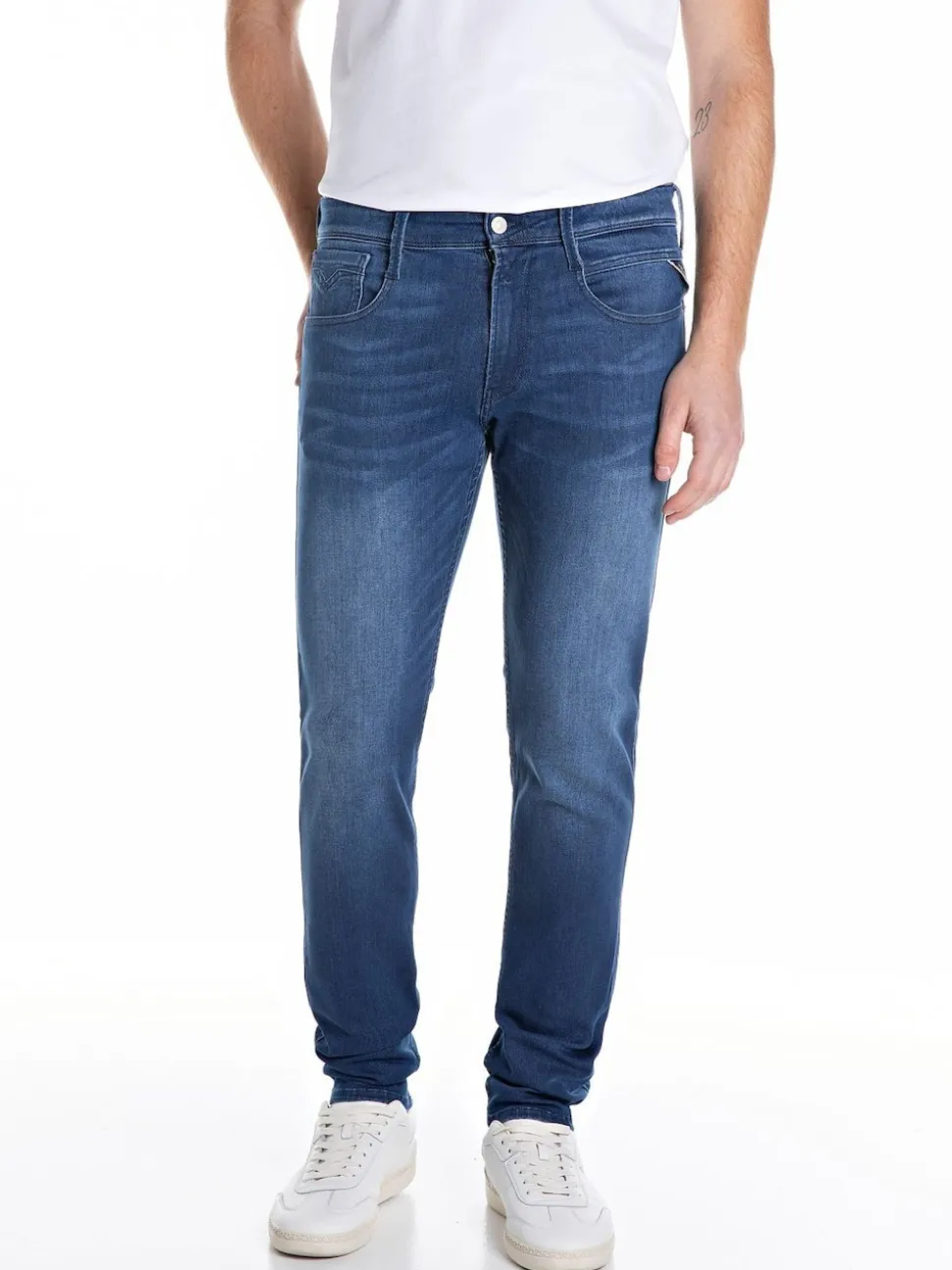 Replay Mid Blue Denim Powerstretch Straight Fit Grover Stretch Jeans