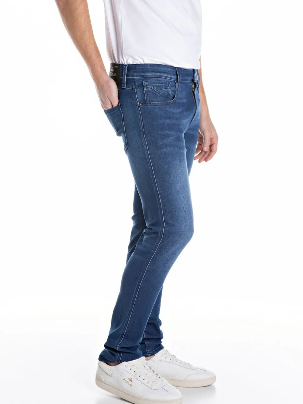 Replay Mid Blue Denim Powerstretch Straight Fit Grover Stretch Jeans