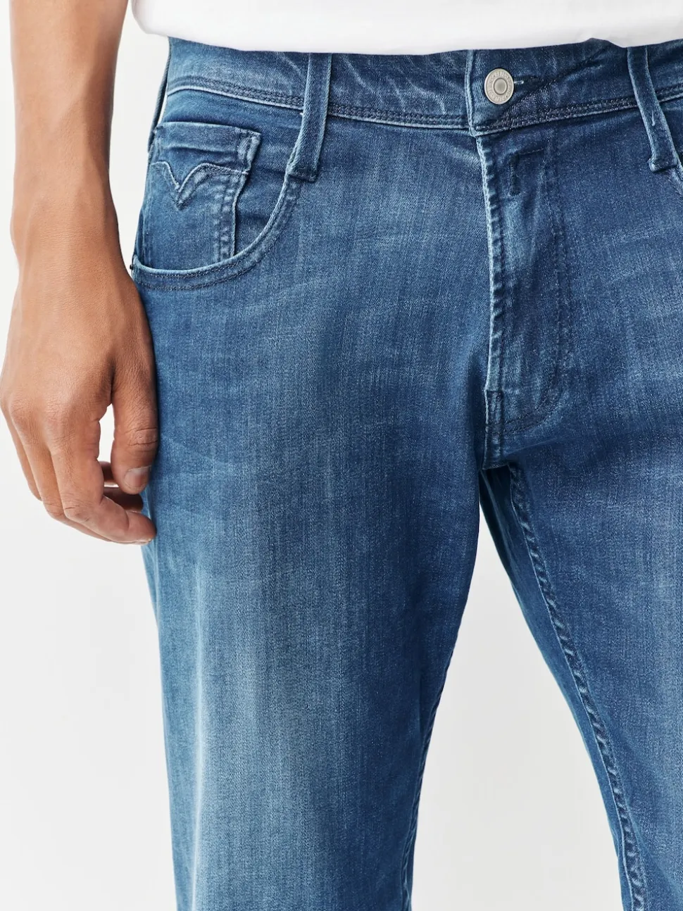 Replay Mid Blue Denim Powerstretch Straight Fit Grover Stretch Jeans