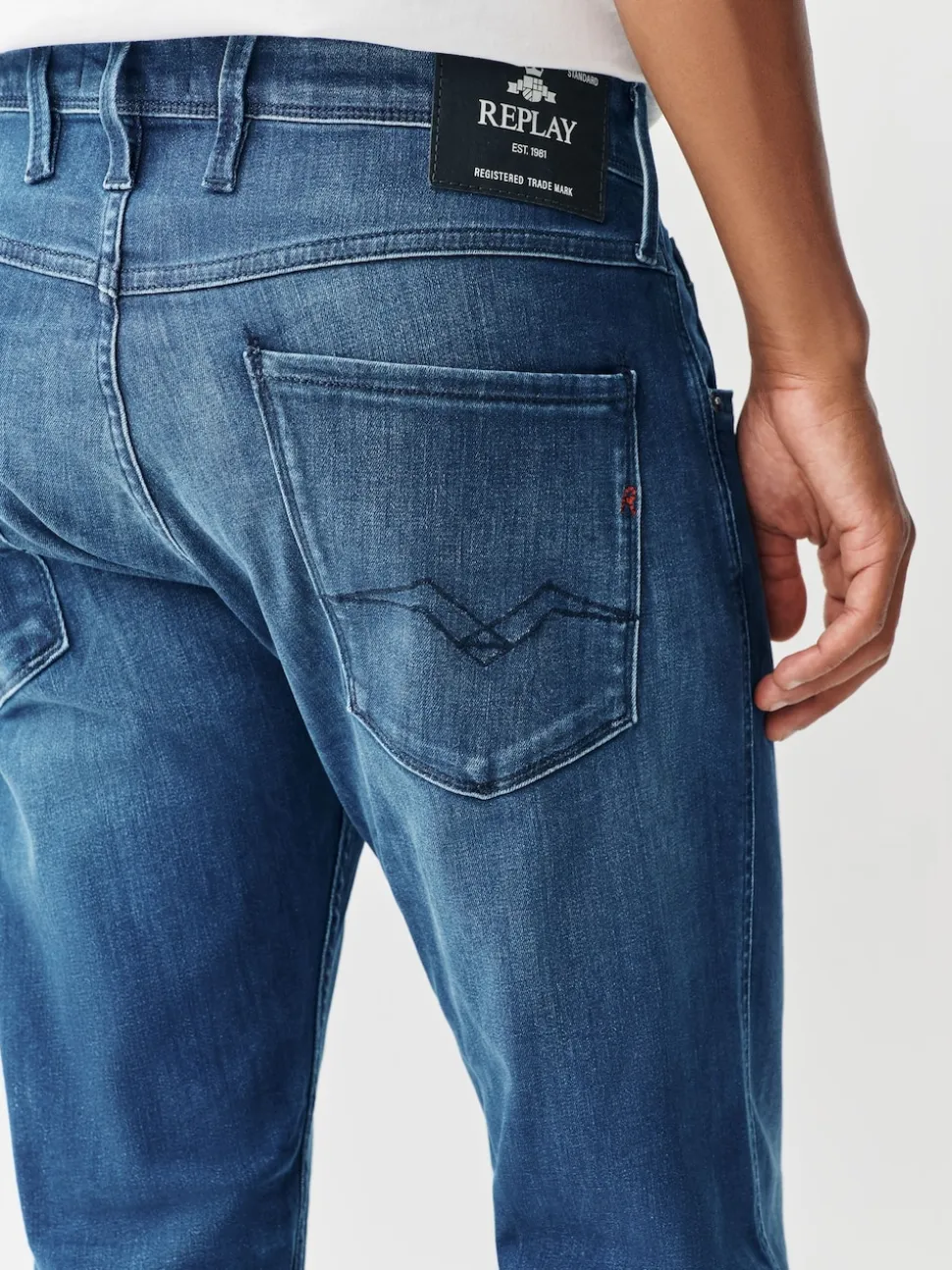 Replay Mid Blue Denim Powerstretch Straight Fit Grover Stretch Jeans