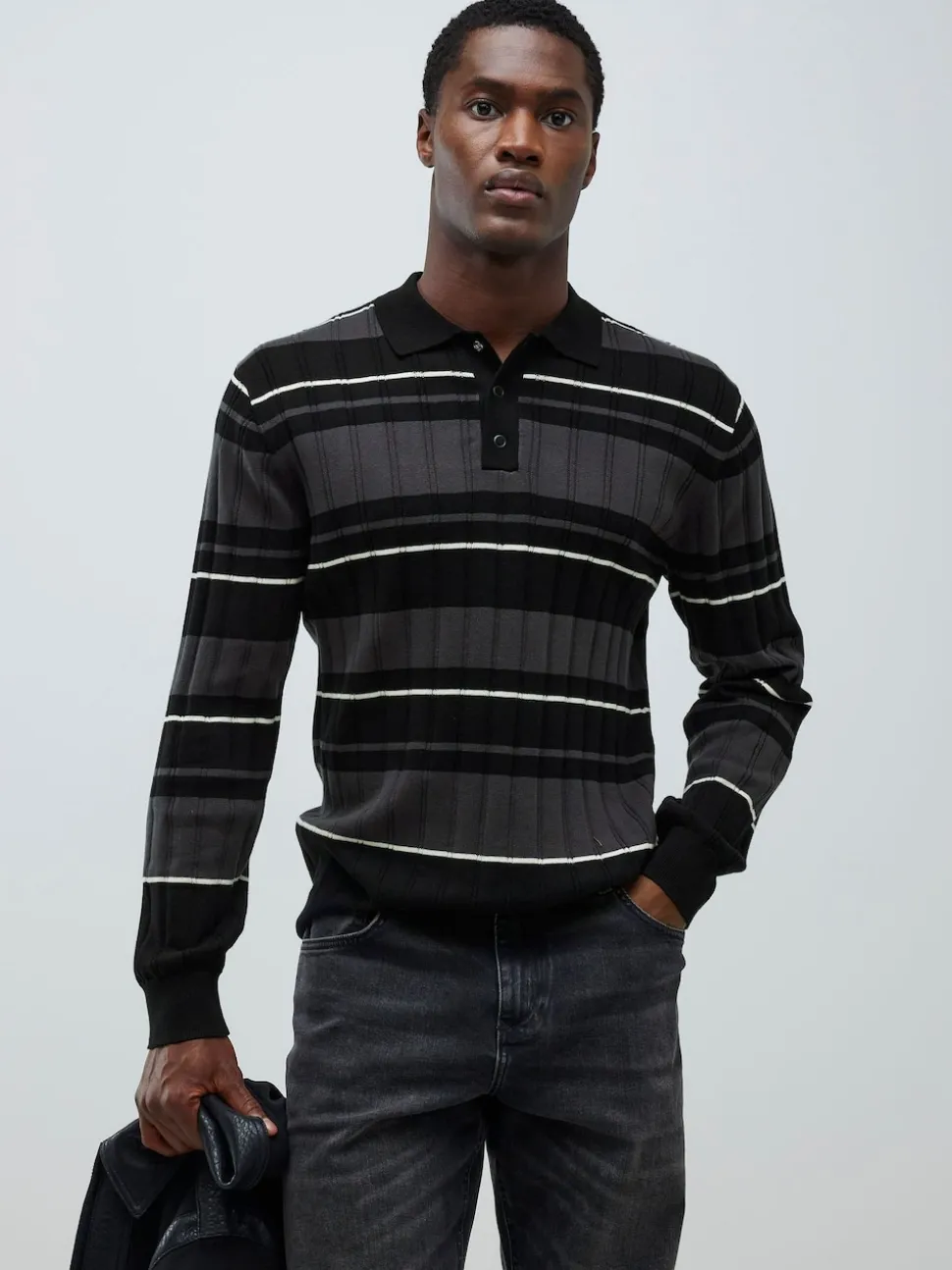 River Island Black Slim Fit Stripe Knitted Rib Polo Shirt