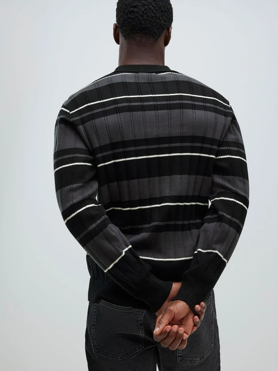 River Island Black Slim Fit Stripe Knitted Rib Polo Shirt