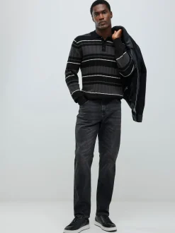 River Island Black Slim Fit Stripe Knitted Rib Polo Shirt