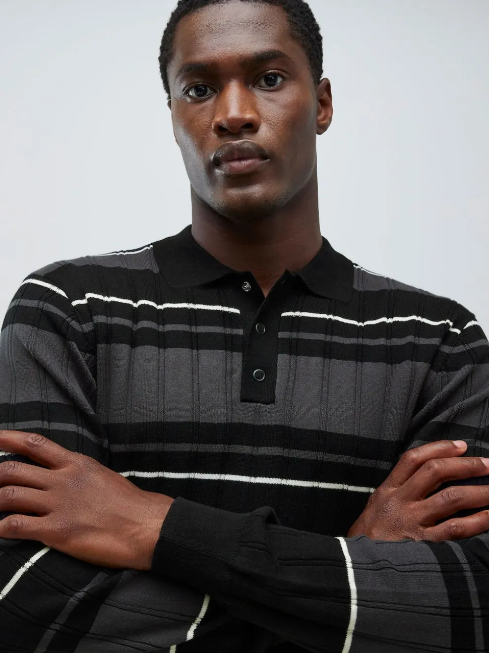 River Island Black Slim Fit Stripe Knitted Rib Polo Shirt