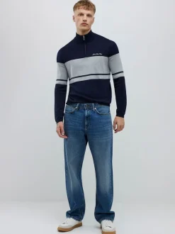 River Island Blue Slim Fit Premium Viscose Quarter Zip Blocked Jumper