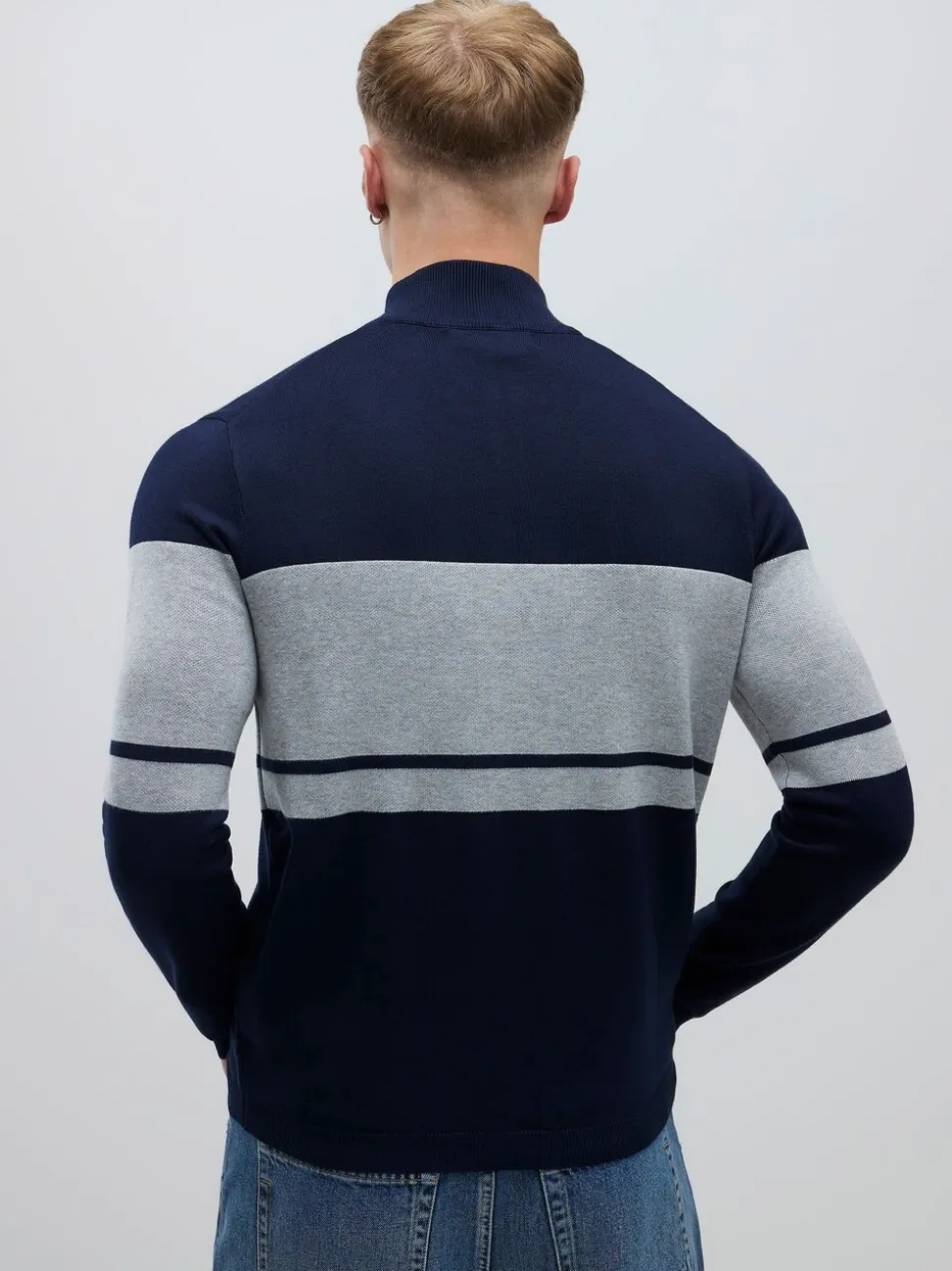 River Island Blue Slim Fit Premium Viscose Quarter Zip Blocked Jumper