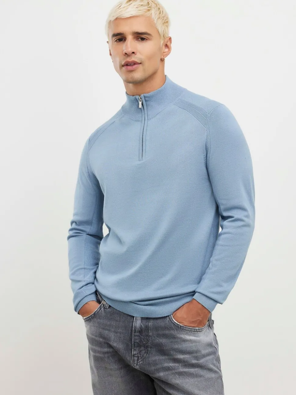 River Island Blue Slim Fit Premium Viscose Quarter Zip Jumper