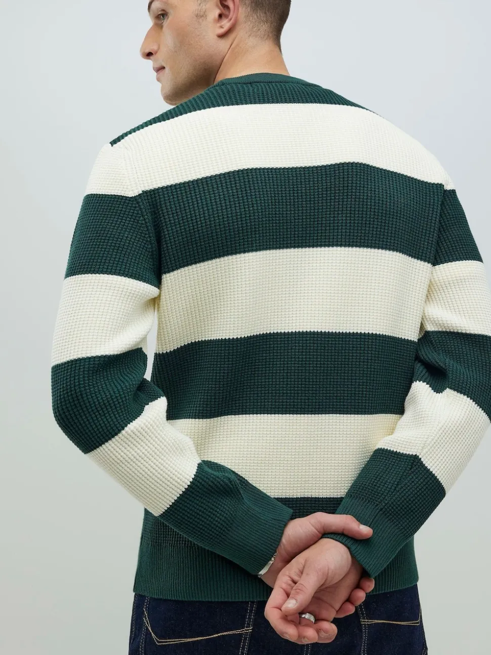 River Island Green Slim Fit Stripe Crew Neck Waffle Knit Jumper