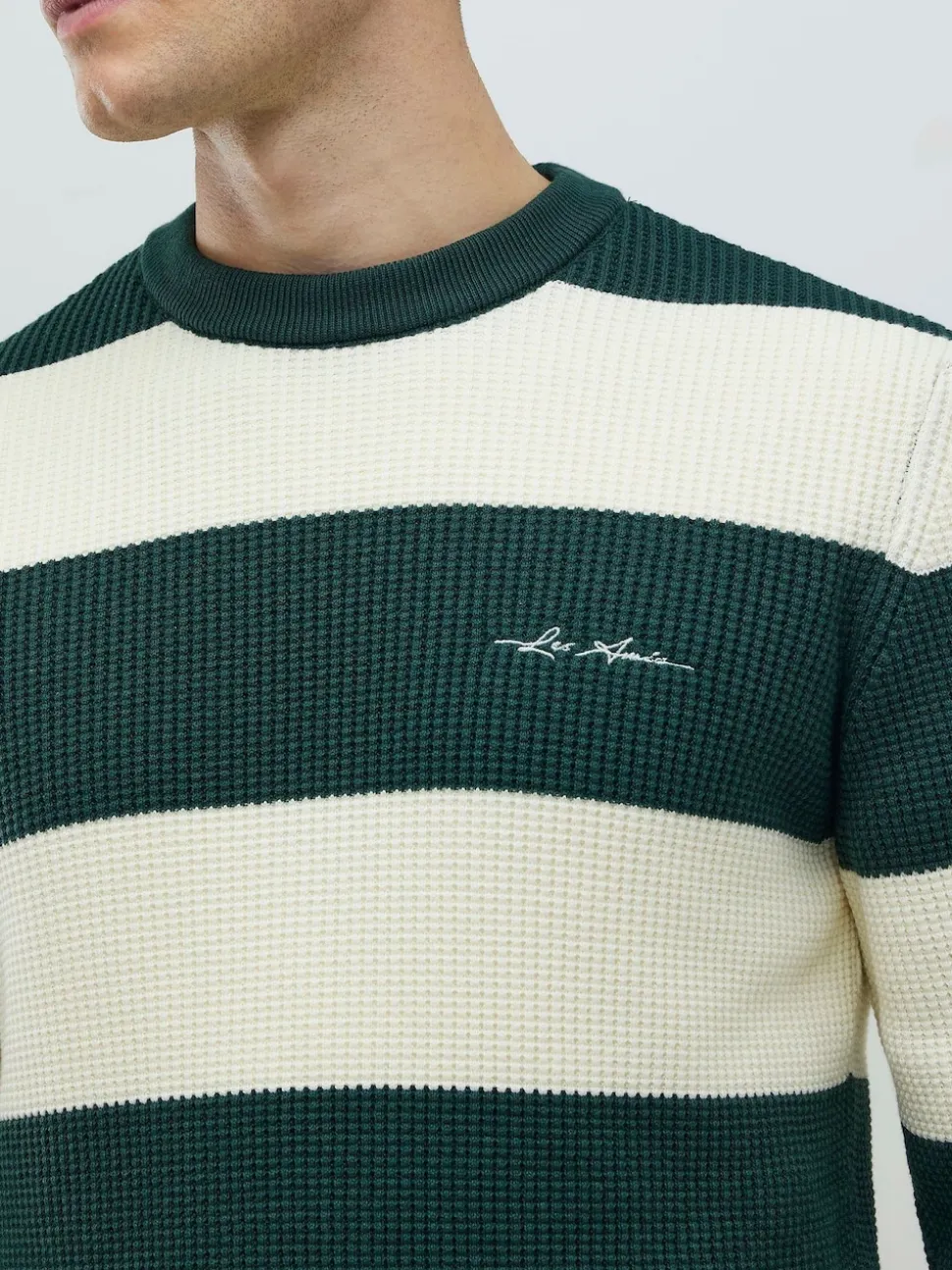 River Island Green Slim Fit Stripe Crew Neck Waffle Knit Jumper