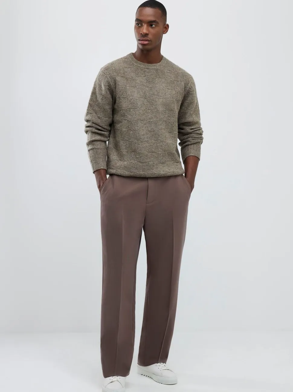 River Island Natural Slim Fit Knitted Check Crew Neck Jumper