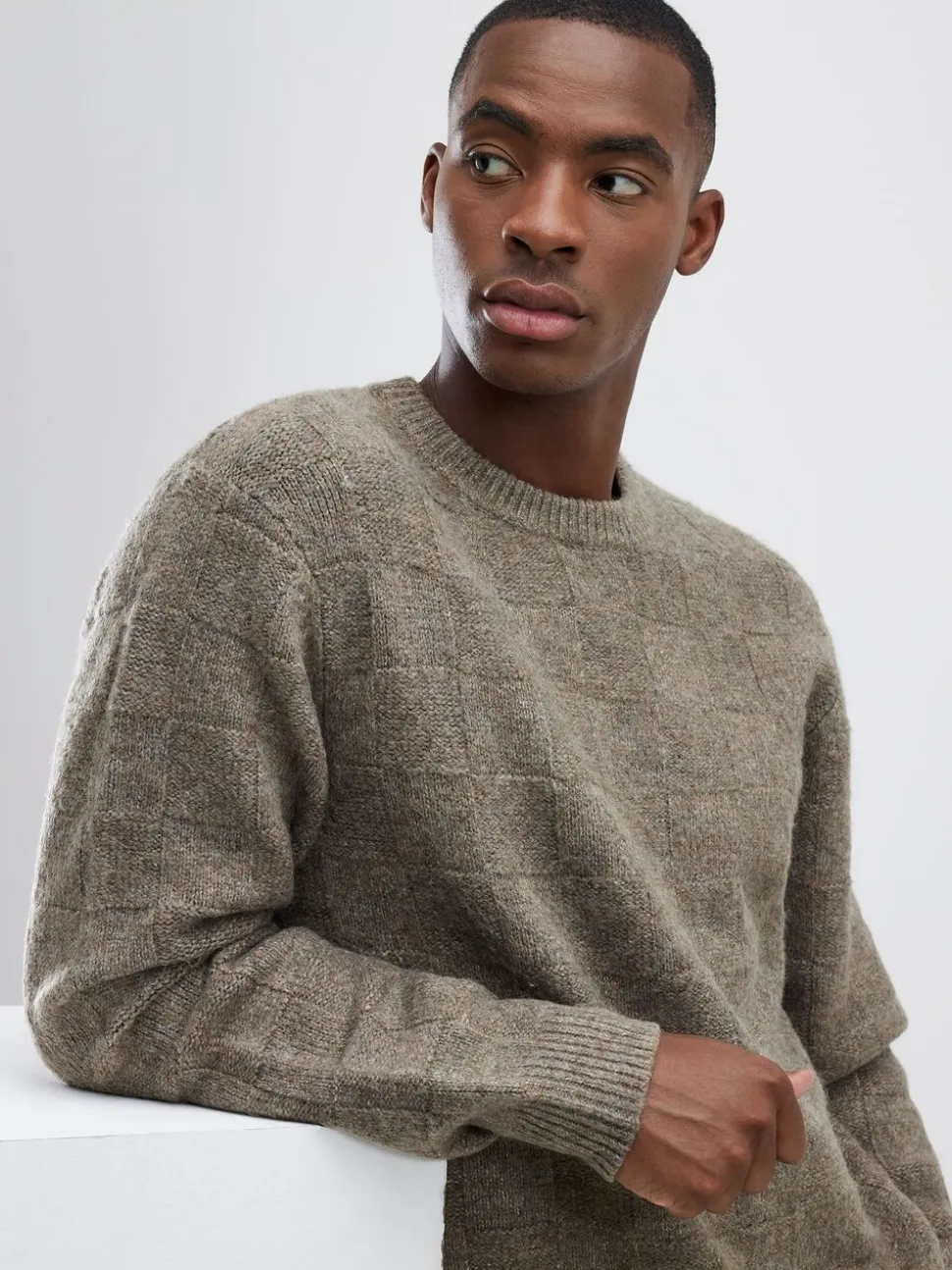 River Island Natural Slim Fit Knitted Check Crew Neck Jumper
