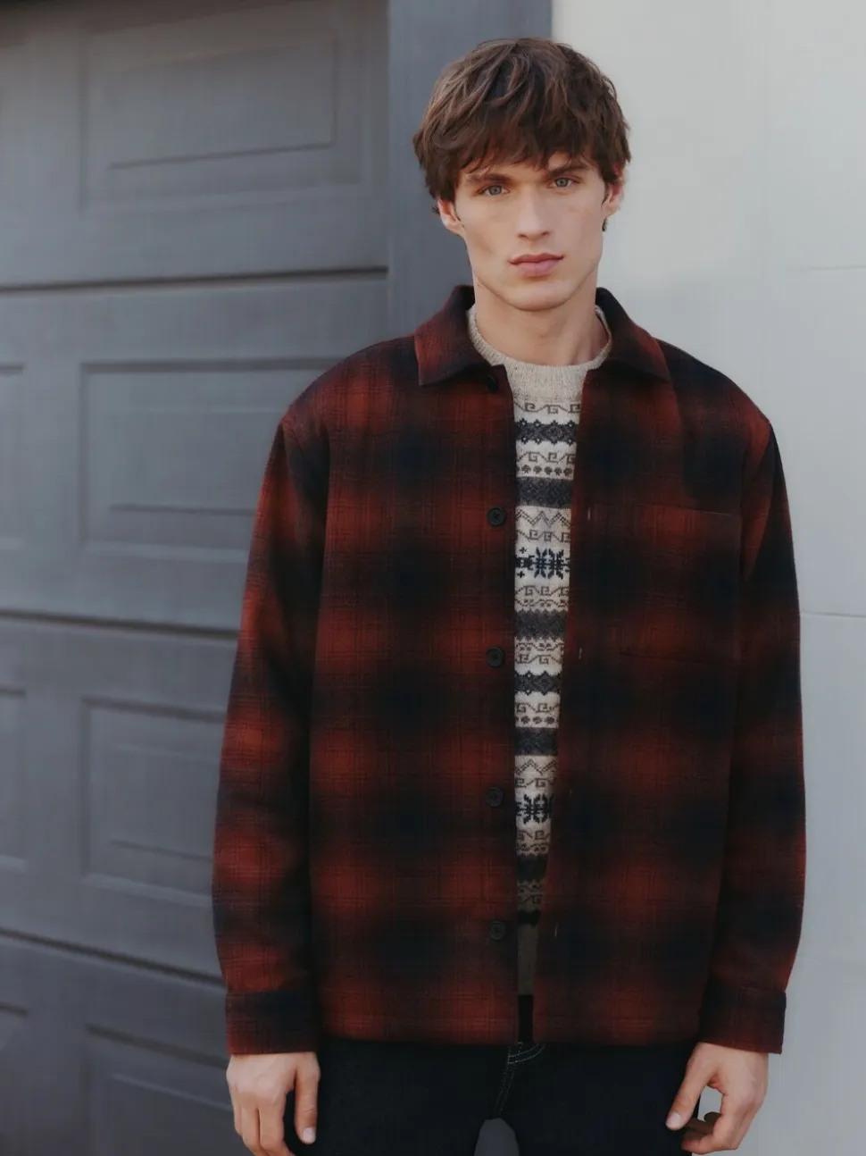 Rust Brown Borg Lined Check Shacket