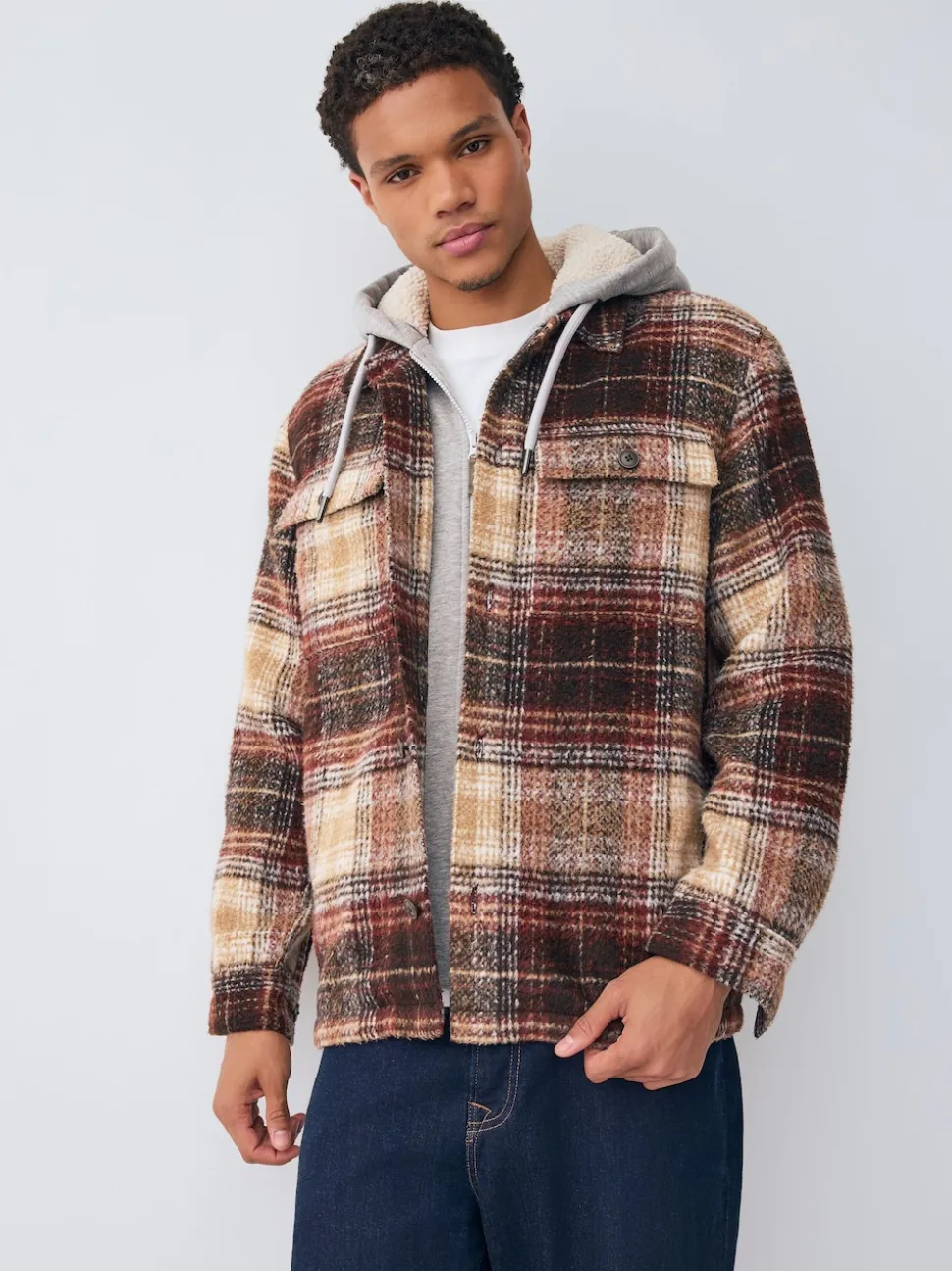 Rust Brown Borg Lined Hooded Check Shacket