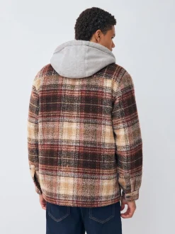 Rust Brown Borg Lined Hooded Check Shacket