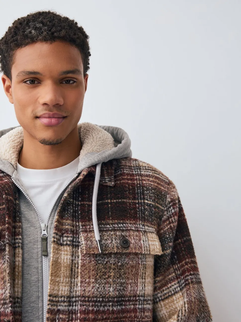 Rust Brown Borg Lined Hooded Check Shacket