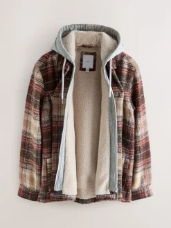 Rust Brown Borg Lined Hooded Check Shacket