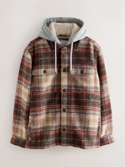 Rust Brown Borg Lined Hooded Check Shacket